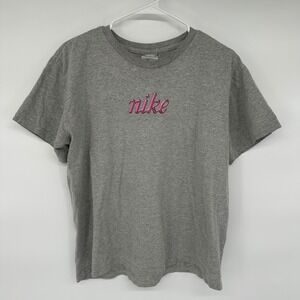 Vintage Y2K Nike Gray Shirt Womens XL Spellout Pink Logo Made in USA Casual